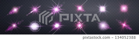 Pink lens flares set. Sun flash with rays or spotlight and bokeh. Isolated on transparent background. Glow flare light effect. Vector illustration. Pink lens flares set. Sun flash with rays or spotlight and bokeh. Isolated on transparent background. Glow flare light effect. Vector illustration. 134052388
