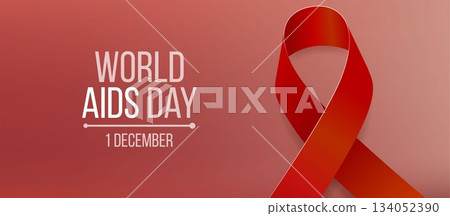 World Aids Day concept. Banner template with red ribbon awareness. Vector illustration. 134052390