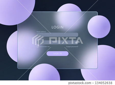 Dark glassmorphism UI login panel with floating violet spheres, soft blur and elegant modern interface style. 134052638