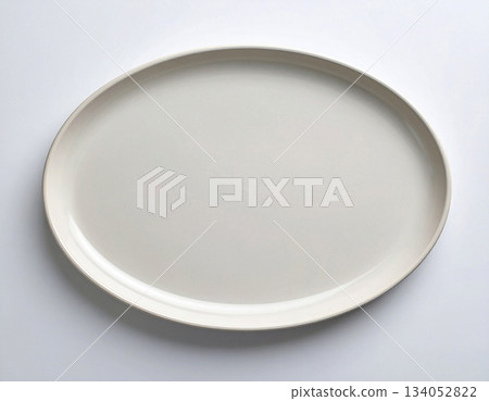 Kitchen art porcelain. Ceramic tray isolated on white background. Serving plate. Classic beige design. Top view. 134052822