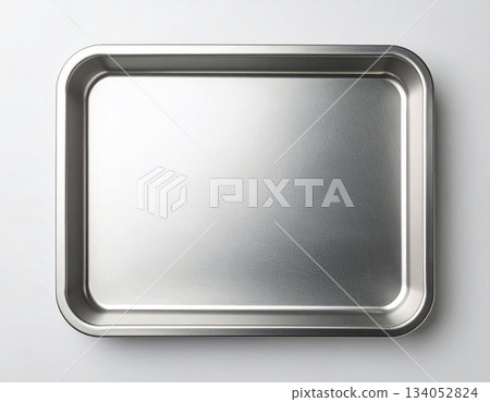 Kitchen staff. Metal tray isolated on white background. Serving plate. Top view. 134052824