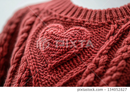 Ready to Create. Red heart pattern is crochet on a modern sweater. Creative hobby. Valentines Day concept. 134052827