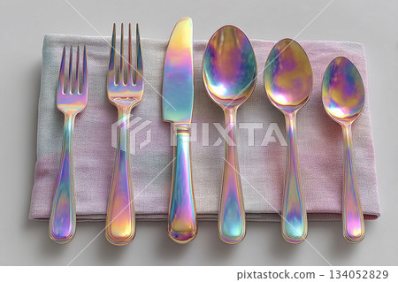 Luxury dining. Bright silverware set. Fork, knife and spoon. Casual dining or lifestyle. Kitchenware and dining products. 134052829