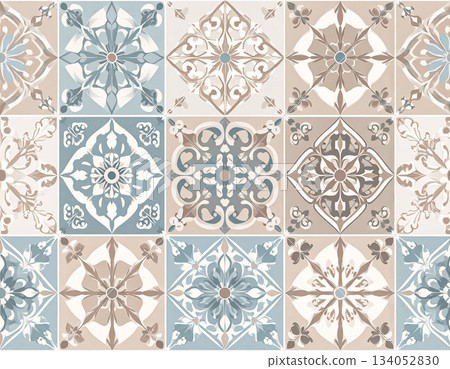 Seamless pattern. Ceramic tiles with geometric patterns. Material for interior in natural color. Texture of building materials. Design mockup and background. Seamless pattern. Ceramic tiles with geometric patterns. Material for interior in natural color. Texture of building materials. Design mockup and background. 134052830