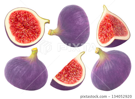 Figs isolated collection. Ripe purple fig, half and slice of fresh fig on white background without shadow. Figs isolated collection. Ripe purple fig, half and slice of fresh fig on white background without shadow. 134052920