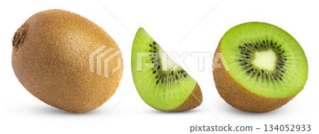 Kiwi with slices collection isolated. Half of kiwi and slice with whole kiwi fruit. 134052933