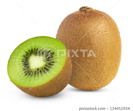 Fresh ripe green kiwi fruits with cut in half isolated on white background. Fresh ripe green kiwi fruits with cut in half isolated on white background. 134052934