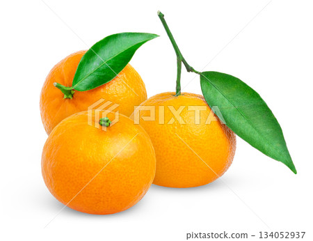 Three mandarin fruits isolated. Ripe tangerine with green leaf on white background. Clementine fruits with leaves. 134052937
