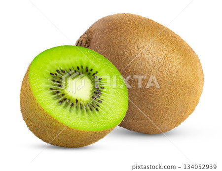 Fresh ripe kiwi fruit and cut in a half isolated. 134052939