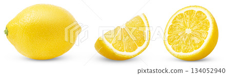 Lemon fruit set, slice and half isolated on a white background, Fresh and Juicy Lemons. Lemon fruit set, slice and half isolated on a white background, Fresh and Juicy Lemons. 134052940