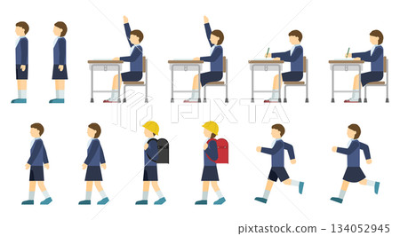 平面插圖:身穿制服的小學生(側視圖) 平面插圖:身穿制服的小學生(側視圖) 134052945
