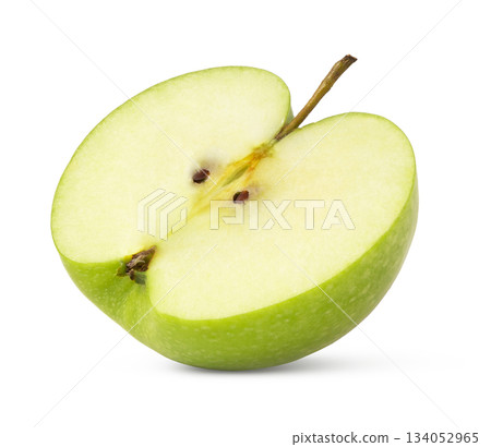 Half of fresh green apple isolated on white background. Cut in a half of granny smith apple with clipping path. 134052965