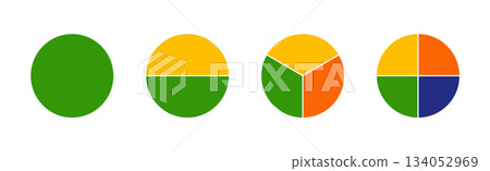Multicolored pizza charts, pies segmented on from 1 to 4 equal parts. Multicoloured diagrams infographic. Circle section graph. Wheels divided in sections. Loading bar mockup. Pie, pizza chart layout 134052969