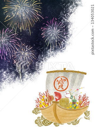 日式背景素材，描繪了夜空中的煙火和載著吉祥物品的寶船。 134053021