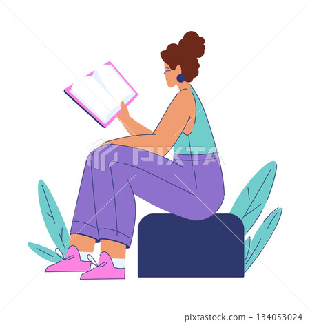Woman Student Character Sit and Read Book Engaged in Education and Study Vector Illustration Woman Student Character Sit and Read Book Engaged in Education and Study Vector Illustration 134053024