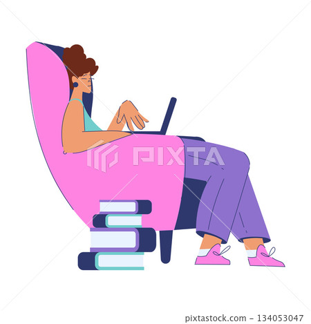 Woman Student Character Sit at Laptop Engaged in Education and Study Vector Illustration Woman Student Character Sit at Laptop Engaged in Education and Study Vector Illustration 134053047
