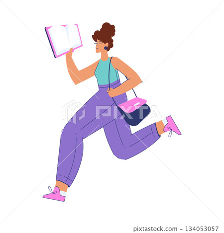 Woman Student Character Run with Book Engaged in Education and Study Vector Illustration Woman Student Character Run with Book Engaged in Education and Study Vector Illustration 134053057