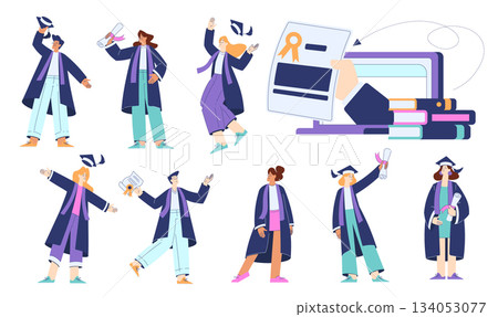 Man and Woman Student Character in Graduation Hat Engaged in Education and Study Vector Set Man and Woman Student Character in Graduation Hat Engaged in Education and Study Vector Set 134053077