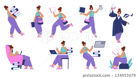 Woman Student Character Engaged in Education and Study Vector Set 134053079