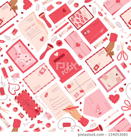 Love mail seamless pattern doodle background with heart, envelope, note and card elements. Message and postbox in seamless background. Perfect for mail themed paper or card creative template. Love mail seamless pattern doodle background with heart, envelope, note and card elements. Message and postbox in seamless background. Perfect for mail themed paper or card creative template. 134053085