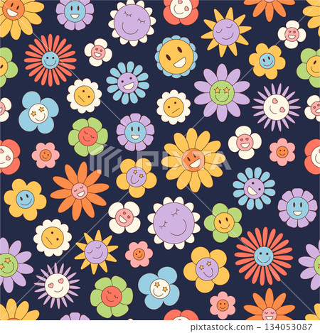 Groovy retro seamless cartoon pattern with happy smiley daisy flowers and colorful floral background. This y2k inspired design offers funky vintage charm and playful mood with artistic pop Groovy retro seamless cartoon pattern with happy smiley daisy flowers and colorful floral background. This y2k inspired design offers funky vintage charm and playful mood with artistic pop 134053087