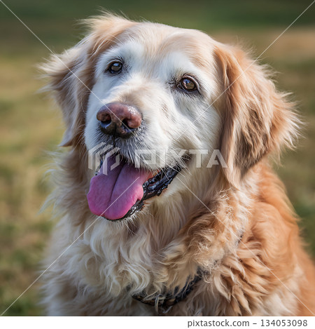 戶外一隻笑容燦爛的金毛犬的特寫鏡頭 134053098