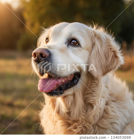 戶外一隻笑容燦爛的金毛犬的特寫鏡頭 134053099