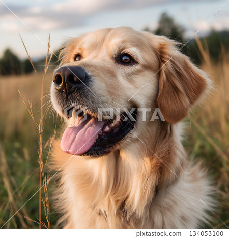 戶外一隻笑容燦爛的金毛犬的特寫鏡頭 134053100