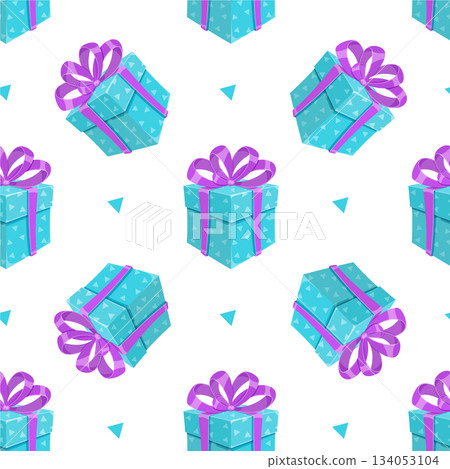 Gift box seamless cartoon pattern with ribbon and bow. Presents wrapped in colorful packages offer surprise elements, perfect for festive background designs. 134053104