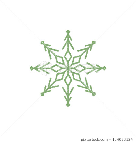 Green crayon snowflake symbol with ice and frost detail forms a winter ornament. Frozen crystal element and cold snow flake design for xmas season festive holiday context. 134053124