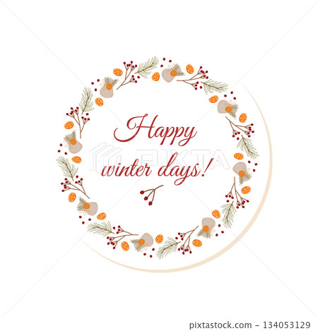 Xmas wreath sticker with red berry and pine frame in flat style. Christmas circle decor on kraft background, winter gift box label, festive holiday element. Xmas wreath sticker with red berry and pine frame in flat style. Christmas circle decor on kraft background, winter gift box label, festive holiday element. 134053129