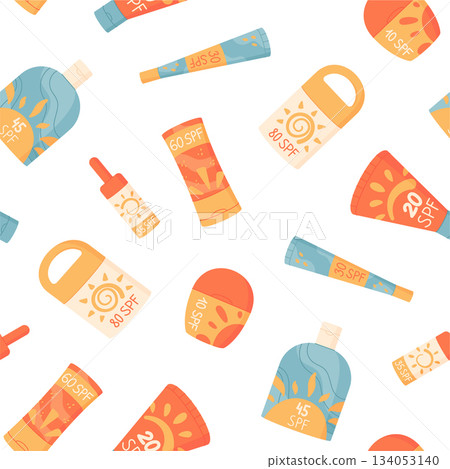 Flat seamless pattern of sunscreen bottle shapes, spf lotion tube, sunblock spray container. Cosmetic sun care pack, summer protection design, seamless wallpaper, cartoon motif, collection texture. 134053140