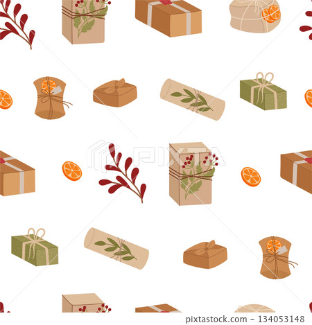 Seamless flat rustic kraft gift box pattern. Eco present and package as motif, xmas inspired and vintage style, natural brown green background for fabric or holiday wallpaper. Seamless flat rustic kraft gift box pattern. Eco present and package as motif, xmas inspired and vintage style, natural brown green background for fabric or holiday wallpaper. 134053148
