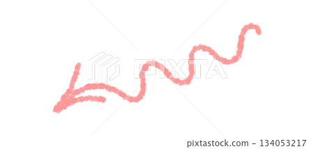 Hand drawn pastel pink wavy arrow with a crayon stroke and sketch texture. Down pointer element with rough line, creative arrow for abstract art, decor, card or label design. 134053217