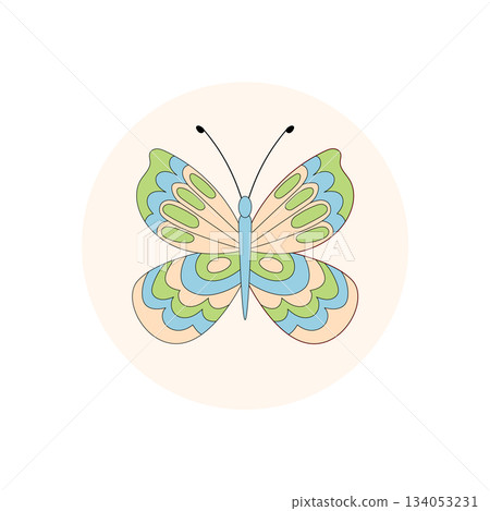 Groovy butterfly sticker in retro pastel with circle shape for lid label. Emblem for package with abstract nature pattern, trendy y2k look ideal product or box. 134053231