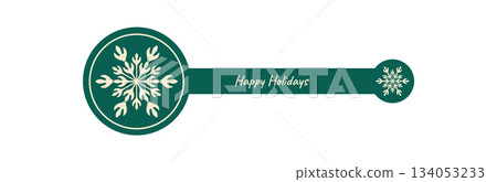 Round green sticker label with flat snowflake line graphic forms holiday decoration. Christmas snow flake seal and box element stand as festive symbol. Elegant seasonal design for packaging and Round green sticker label with flat snowflake line graphic forms holiday decoration. Christmas snow flake seal and box element stand as festive symbol. Elegant seasonal design for packaging and 134053233