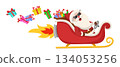 Santa Claus flies on a jet sleigh and scatters gift boxes on a white. Christmas character 134053256