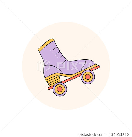 Groovy retro party skate sticker label in cartoon graphic style with purple color and y2k elements. Funky roller and music graphic, fun package circle design for cool lid or creative package Groovy retro party skate sticker label in cartoon graphic style with purple color and y2k elements. Funky roller and music graphic, fun package circle design for cool lid or creative package 134053260