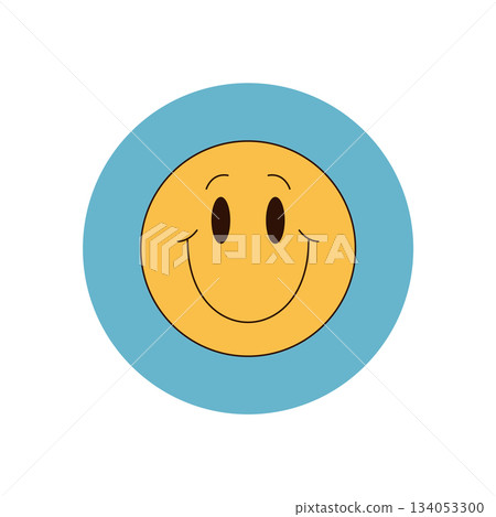 Groovy yellow smiley sticker forms a retro label badge with a round emblem style. Happy patch as playful y2k circle and lid, groovy element for fun product accent and creative seal. 134053300