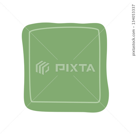 Hand drawn organic square shape forms a fluid frame with a patch border and soft squiggle edge. Abstract green blob background with natural rectangle outline for text element use. 134053337