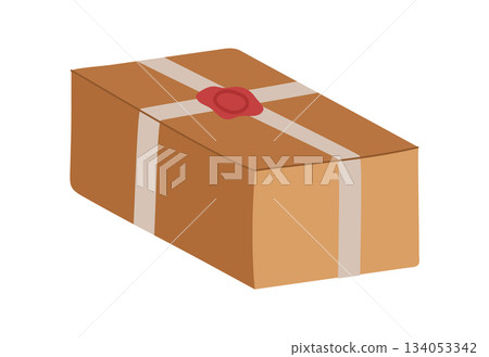 Flat brown kraft gift box package in trendy container style. Christmas parcel as cardboard present for holiday or party. Modern packaging for festive event. 134053342