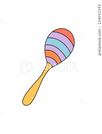 Groovy retro maraca in colorful cartoon graphic style sticker. Fun y2k party music instrument, playful sticker with yellow accent. Trendy groovy element for modern and fun aesthetic concepts. 134053343