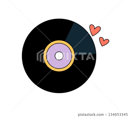Groovy retro cartoon music vinyl record with black circle and heart symbol. Y2k groovy element gives love and fun character, great for cute pop sticker, nostalgic symbol or trendy pop mood project. Groovy retro cartoon music vinyl record with black circle and heart symbol. Y2k groovy element gives love and fun character, great for cute pop sticker, nostalgic symbol or trendy pop mood project. 134053345