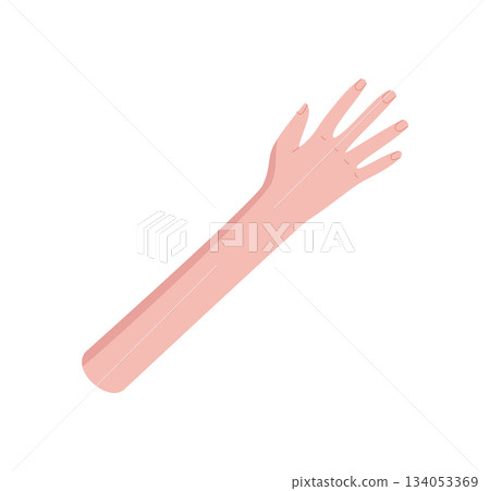 Cartoon style depiction of an open human hand with a raised arm and extended fingers. Gestural symbol suggests communication, connection, and expression. Flat abstract format, vibrant minimalism, Cartoon style depiction of an open human hand with a raised arm and extended fingers. Gestural symbol suggests communication, connection, and expression. Flat abstract format, vibrant minimalism, 134053369
