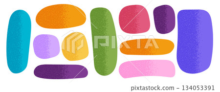 Set of cute irregular shapes with noise texture in doodle style. Labels, tags, speech or quote bubbles isolated on white background. Hand drawn asymmetric geometric forms. Vector flat illustration 134053391