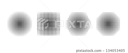 Set of basic geometric shapes with noise, halftone or grain texture isolated on white background. Dotted circle and square, hexagon and octagon forms. Vector graphic illustration 134053405