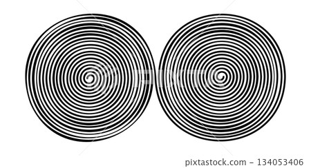 Double doodle spiral shape isolated on white background. Hypnotic psychedelic design. Brain work concept. Whirlpool, dizzy or tornado symbols. Vector graphic illustration 134053406