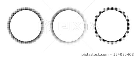 Set of round frames with halftone texture. Circular shapes with dotted, noisy or grainy borders isolated on white background. Decorative design elements. Vector graphic illustration 134053408