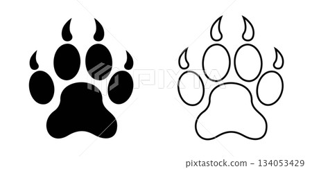 Paw print with claws stamp and icon. Wet or mug wild animal footprint on snow or ground. Mammal step track of cat, dor, lion or panther isolated on white background. . Vector graphic illustration Paw print with claws stamp and icon. Wet or mug wild animal footprint on snow or ground. Mammal step track of cat, dor, lion or panther isolated on white background. . Vector graphic illustration 134053429