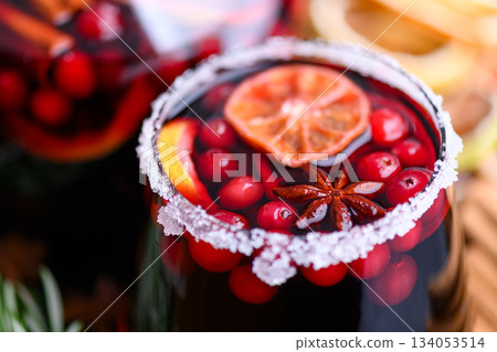 Mulled wine in glasses prepared on Christmas holidays Mulled wine in glasses prepared on Christmas holidays 134053514